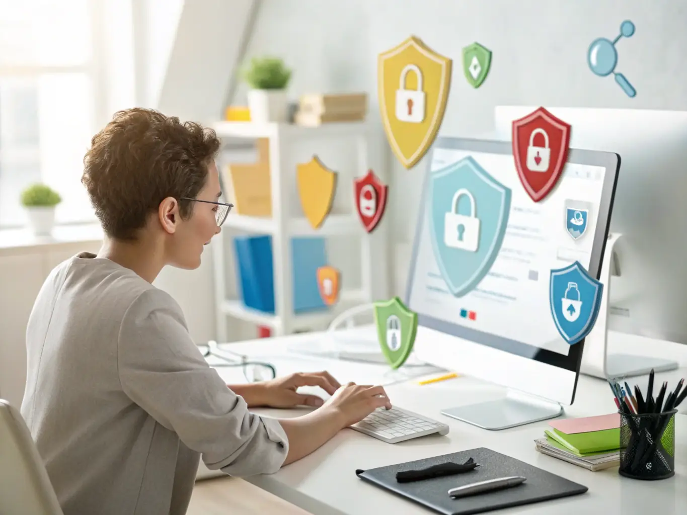 An illustration of a shield symbolizing online security, with a senior using a laptop.